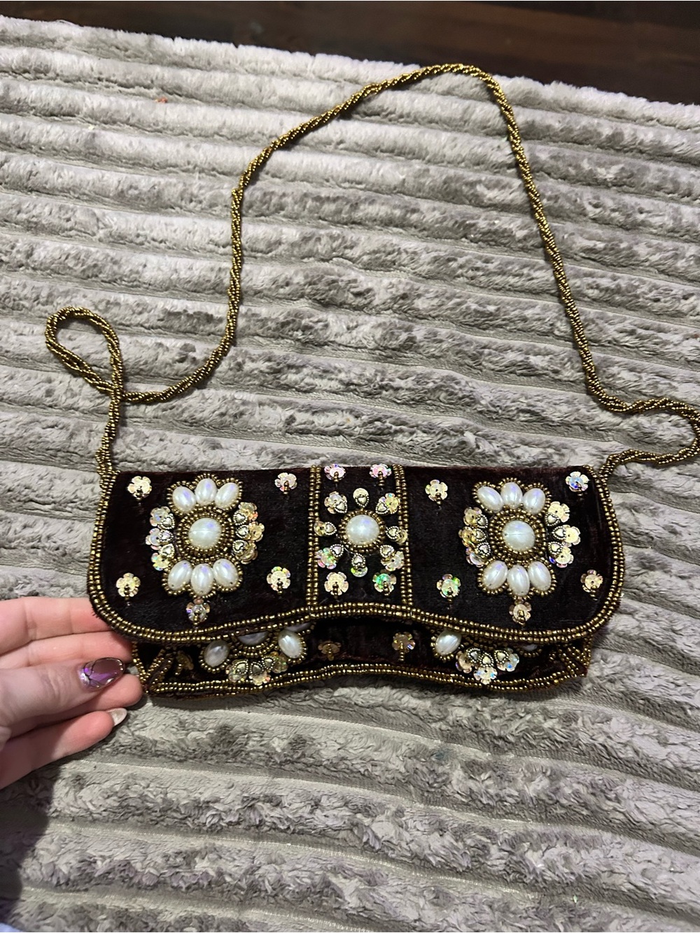 Vintage Embellished Velvet Crossbody Clutch in Dark Brown